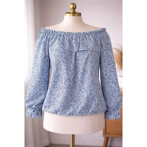 Michael Kors Blue White Paisley Off-Shoulder Long Sleeve Blouse L Polyester